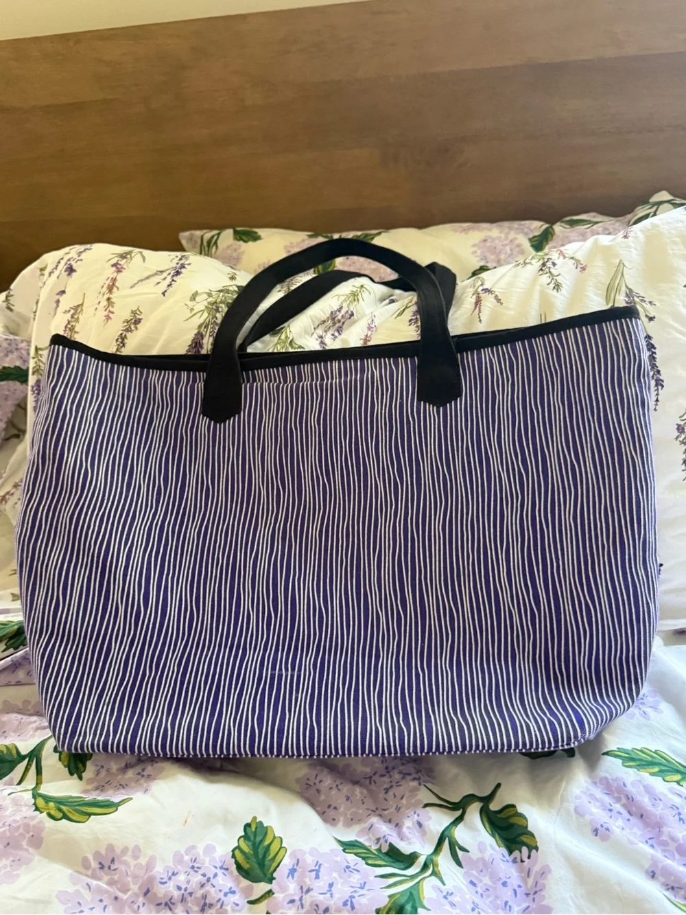 Ame & Lulu Purple & White Striped Tote with Black Handles